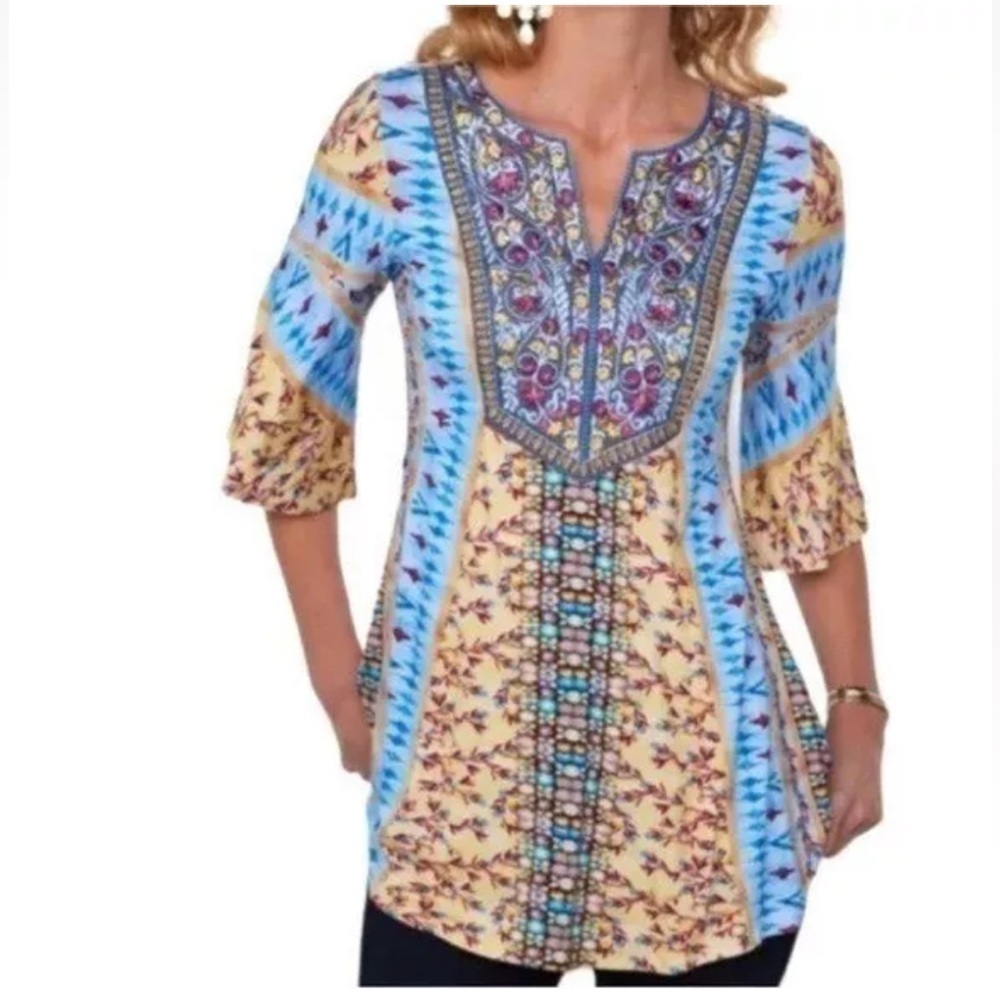 Soft Surroundings Fifi Long Tunic Top Embroidered Velvet Contrast Bell Sleeve XS